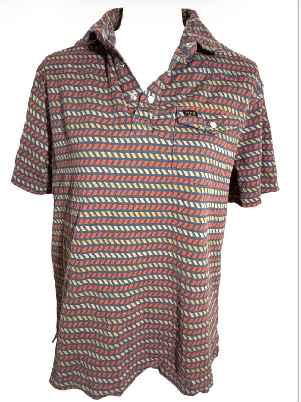 Howler Bros Gray Cotton Chevron Print Snap Collar Short Sleeve Shirt Medium